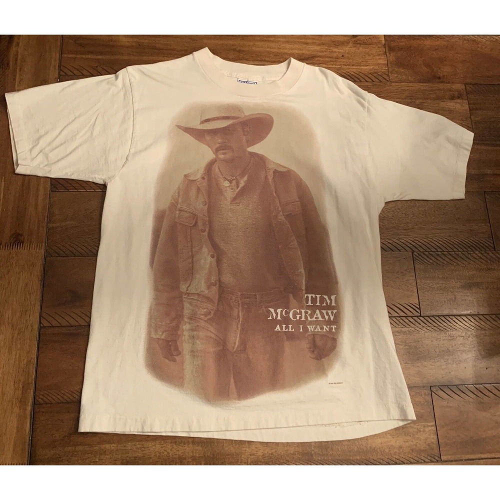 Vintage 90s Tim McGraw All I Want Large Print Tan TShirt Sz Large USA MADE, Wow!